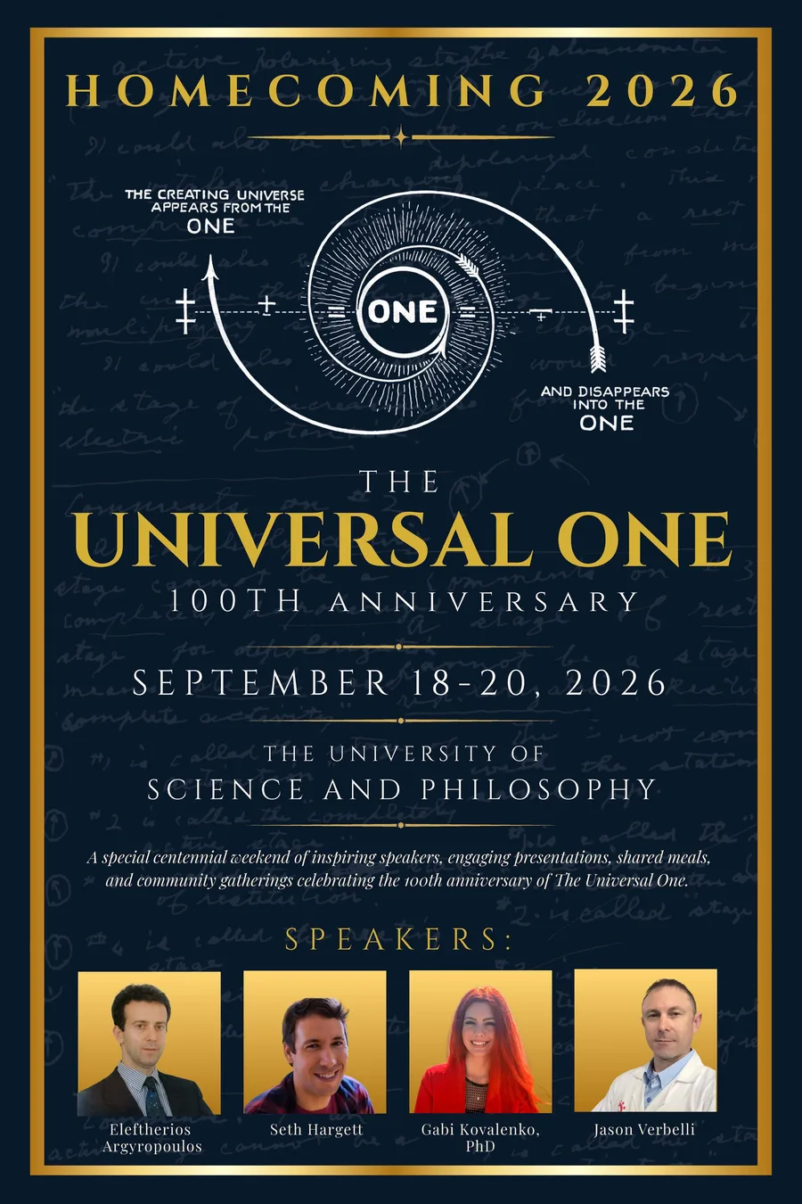 Navy and gold Homecoming 2026 Centennial poster for September 18–20, featuring the ONE diagram, The Universal One 100th Anniversary title, and portraits of Eleftherios Argyropoulos, Seth Hargett, Gabi Kovalenko, and Jason Verbelli.