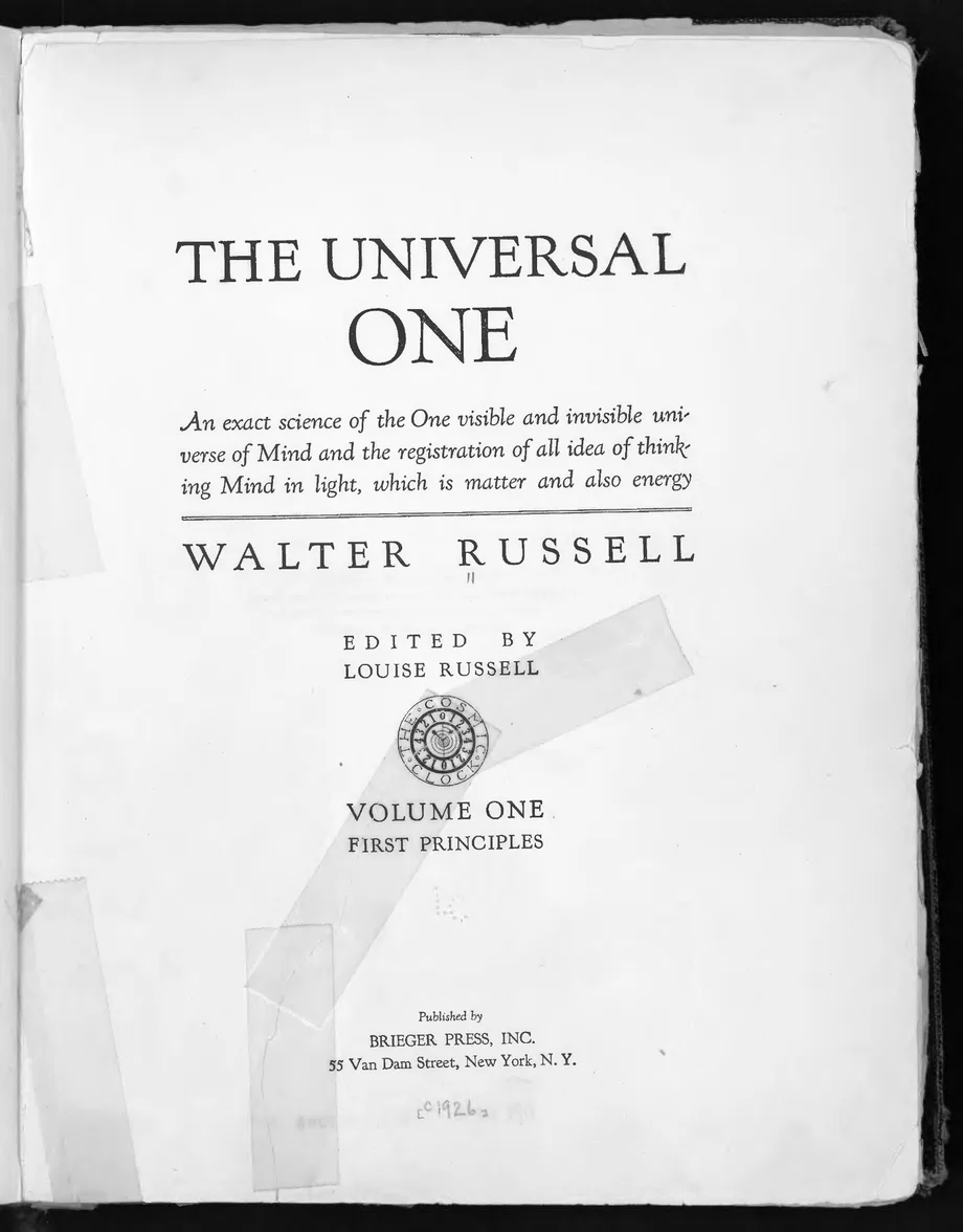 Aged title page of The Universal One by Walter Russell, Volume One: First Principles, published 1926 by Brieger Press, New York, with visible tape repairs.